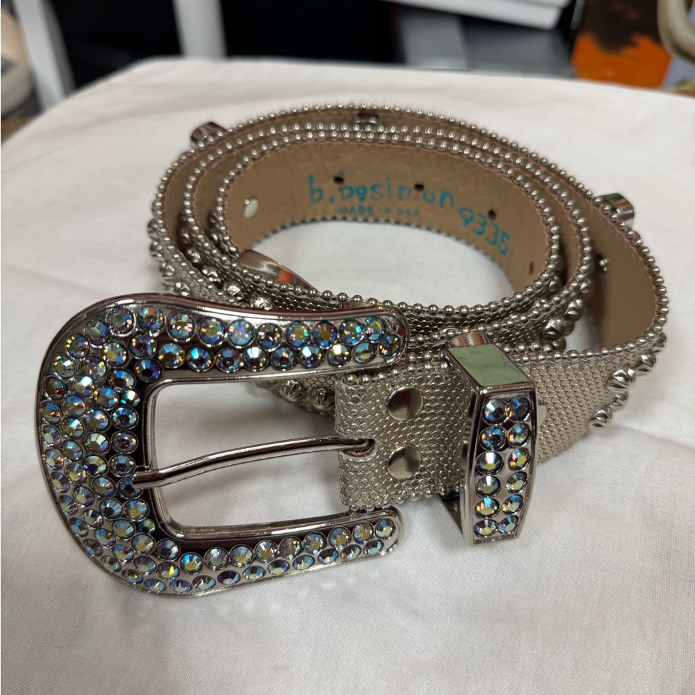 B.B. Simon Silver and Iridescent Crystal Belt